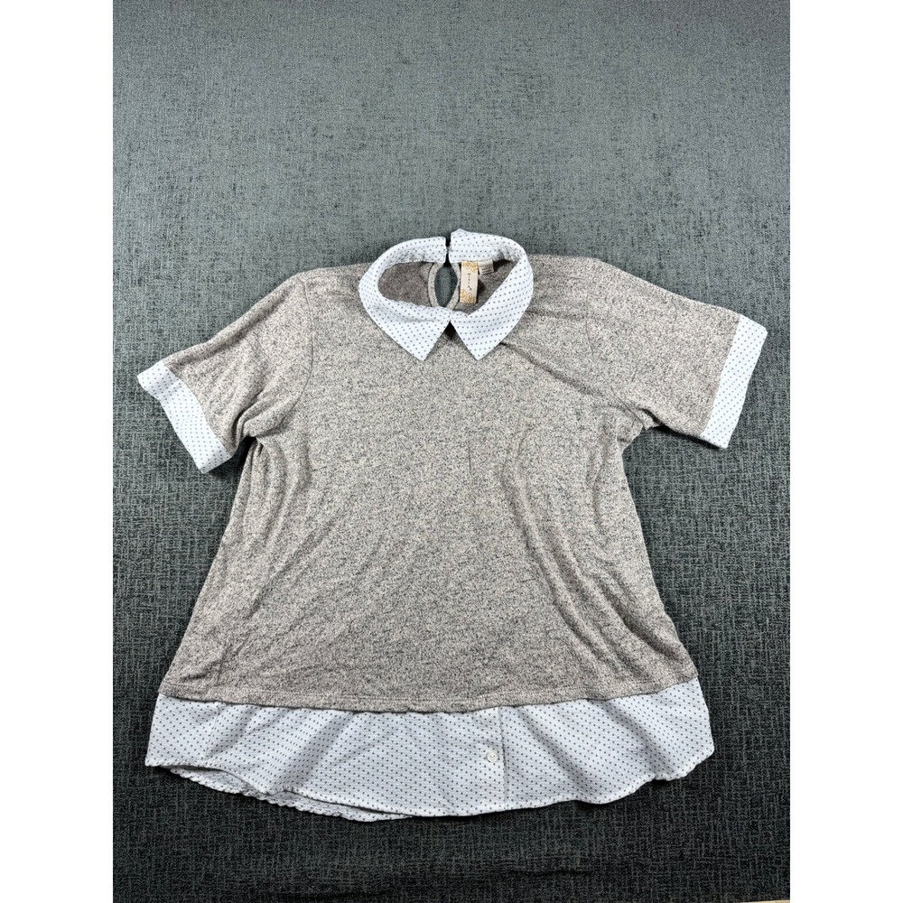 Misia Womens Gray Heathered Knit Polka Dot Layered Look Collared Top Large